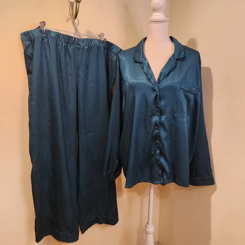 INC International Concepts Intimates Teal Satin Pajama Set XXL